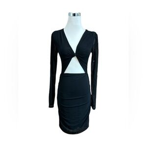 Adika Bodycon Mini Dress Women's Size M Black Stretch Ruched Sheer Sleeve Twist